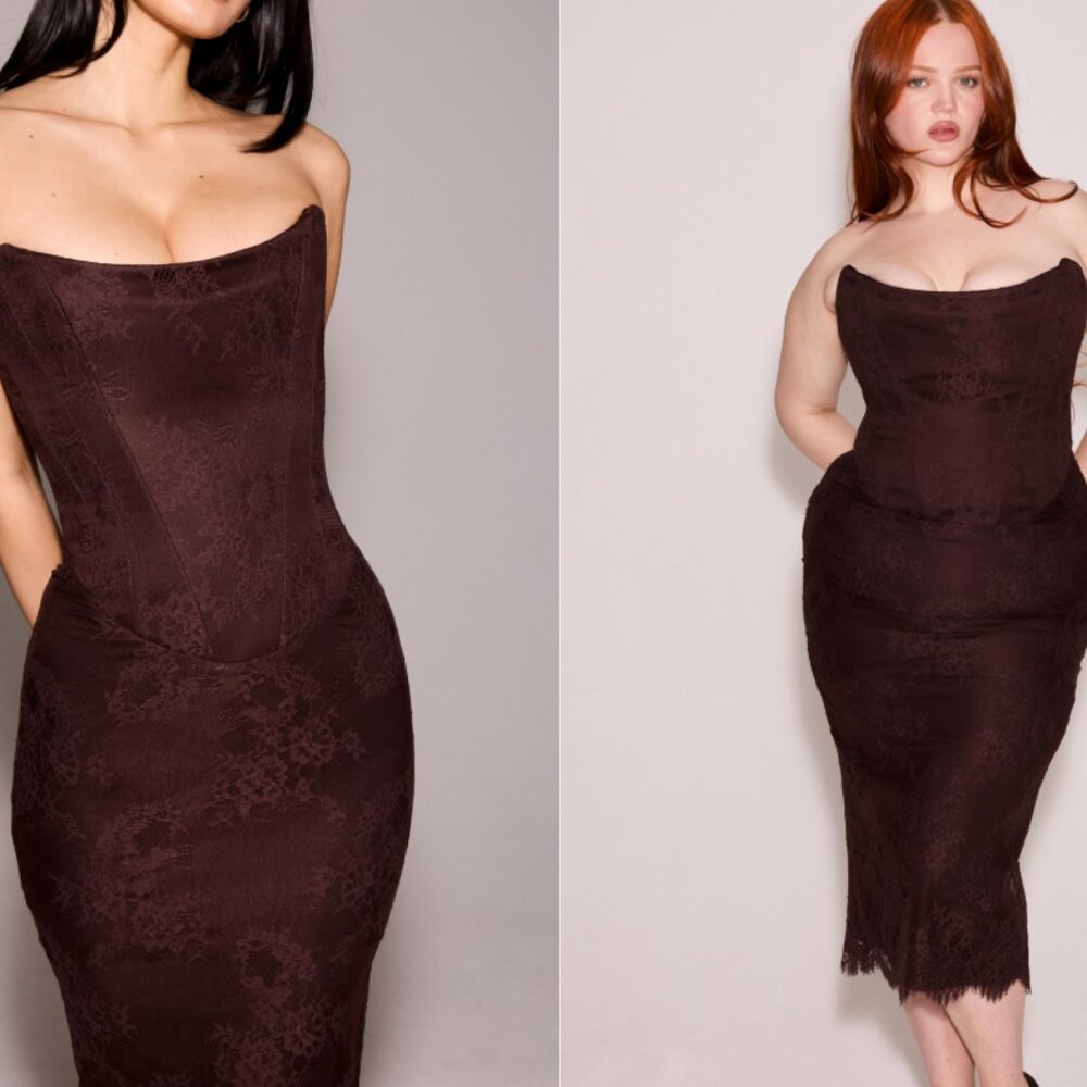 HOUSE OF CB 'Larra' Bitter Chocolate Lace Corset Midi Dress & Bolero NWOT - Picture 5 of 12